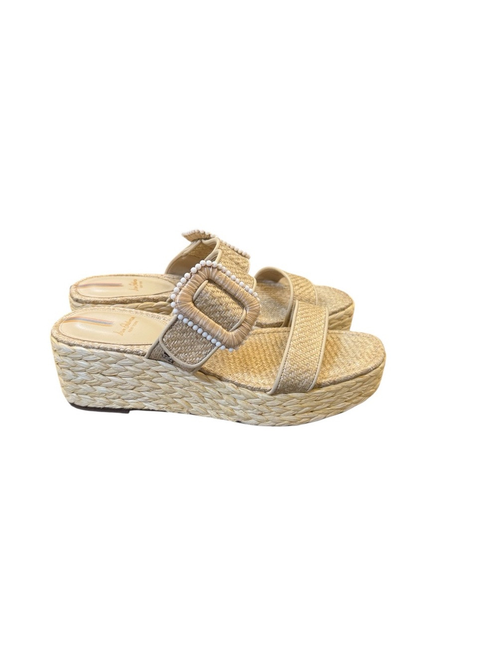 Sam Edelman Chase Raffia Platform Wedge Sandals Gold Beaded Buckle Size 9